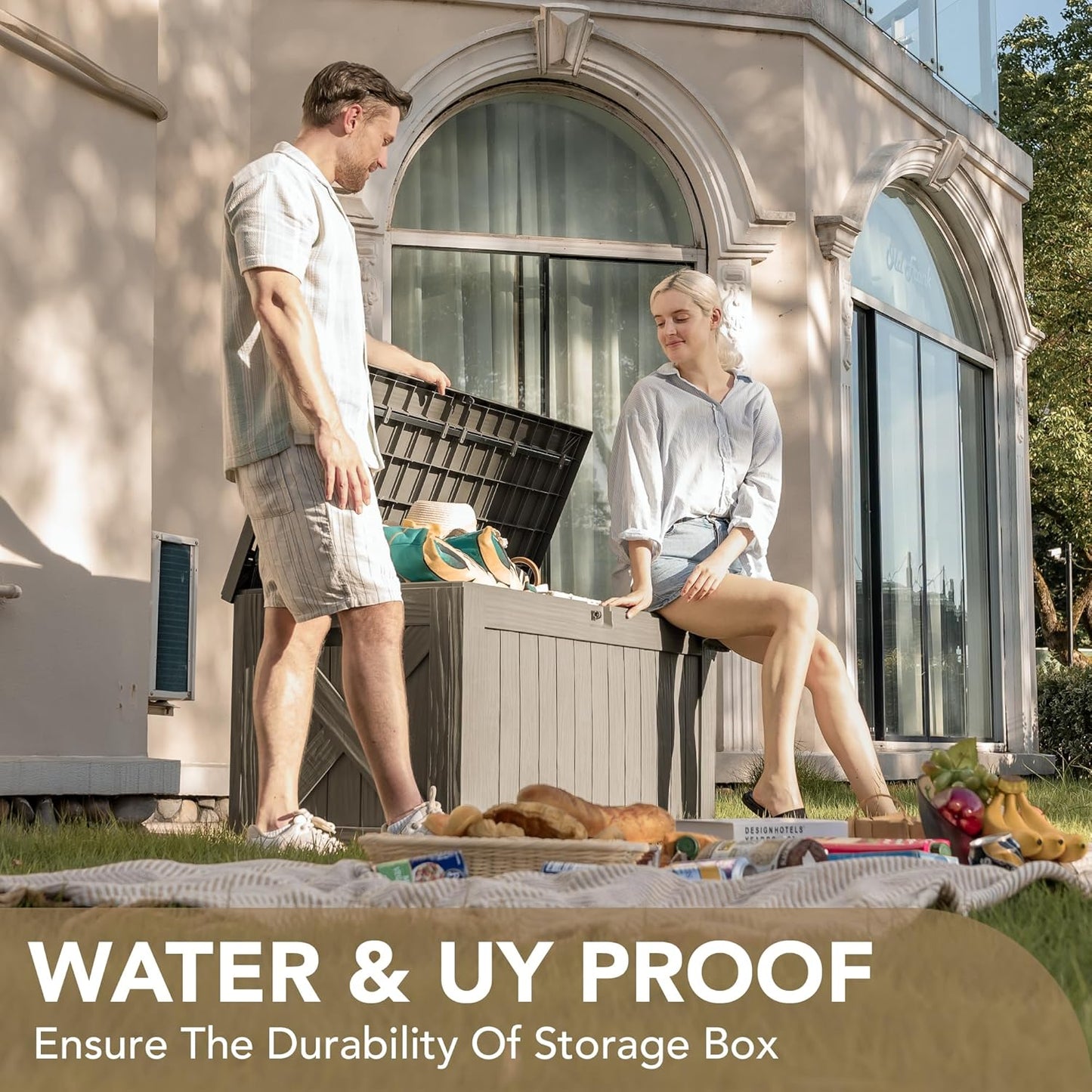 Devoko 120 Gallon Deck Box Resin Outdoor Storage Box Waterproof for Patio, Large Outdoor Storage Bench Lockable for Outside (Brown)