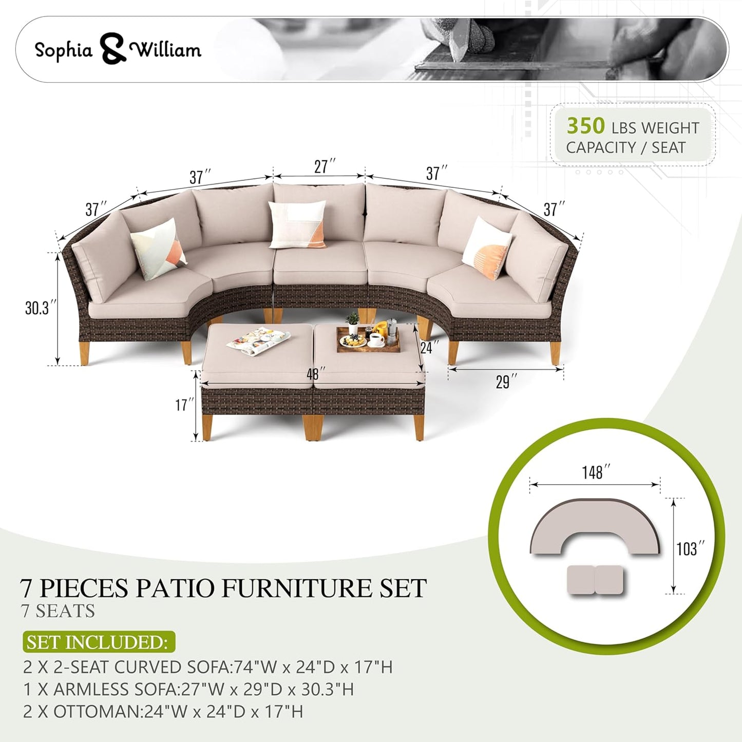 Sophia & William Half Moon Patio Furniture Set 7 Piece Outdoor Sectional Sofa Set, Wicker Patio Conversation Set with 2 Curved Sofa, 1 Armless Chairs, 2 Ottoman for Pool, Deck, Lawn (Beige)