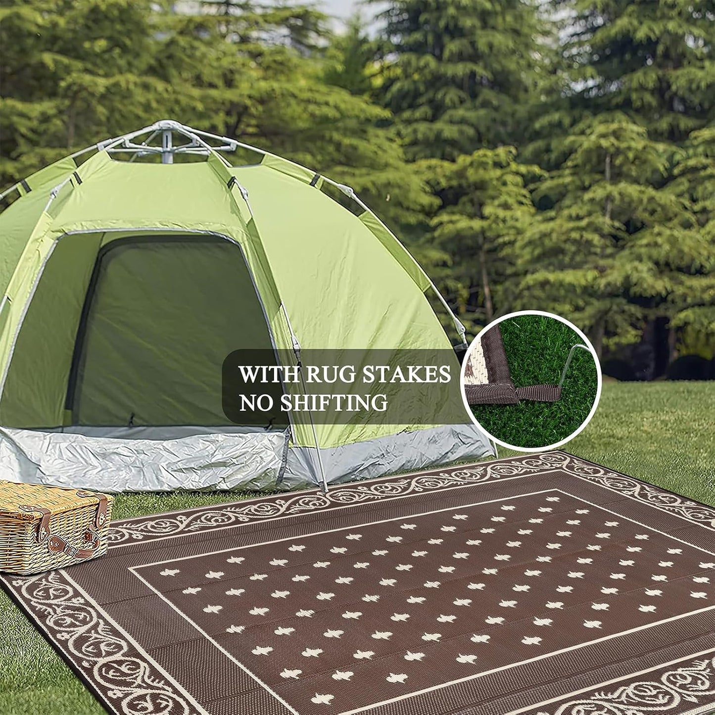 Pauwer Waterproof Outdoor Rug 8x10, Reversible Plastic Straw Patio Camping Rug, Indoor Outdoor RV Mat Carpet for Deck, Camper, Porch, Balcony, Backyard, Picnic, Bordered Brown