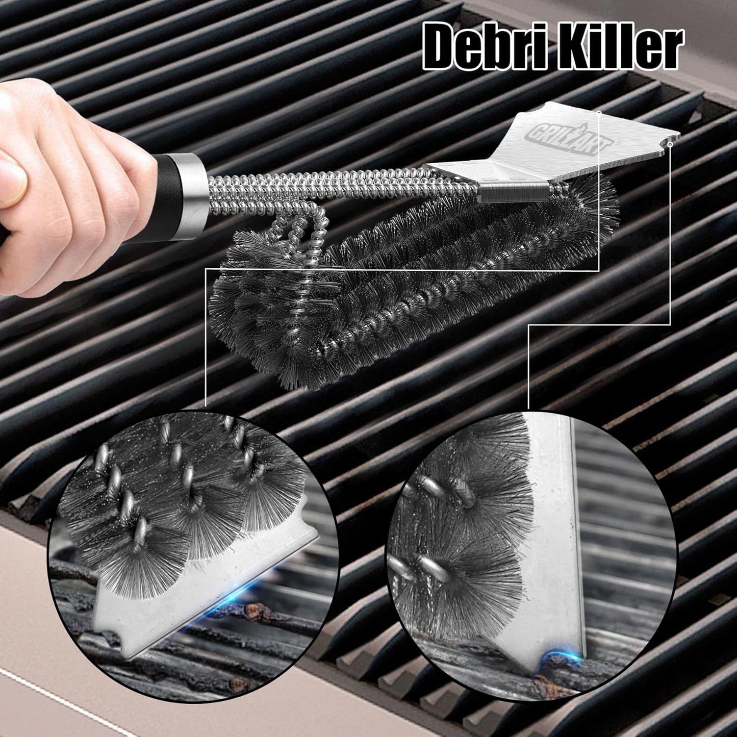 GRILLART Grill Brush and Scraper BBQ Brush for Grill, Safe 18" Stainless Steel Woven Wire 3 in 1 Bristles Grill Cleaning Brush, BR-4516