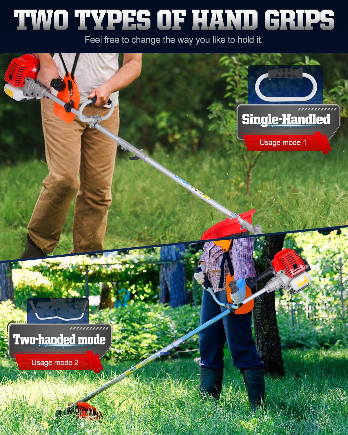 52 cc 2-Cycle Gas Powered Weed Eater, String Trimmer & Brush Cutter 3-in-1, 7,500 RPM Full-Crank, Low-Vibration Quick-Start Recoil, Detachable Shaft, Heavy Duty Weed Wacker (DE631)