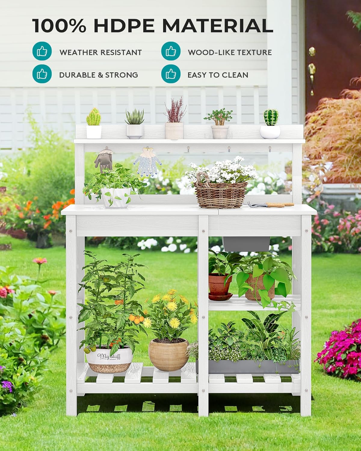 SERWALL Potting Table Set of 2 for Outside All Weather Use- White