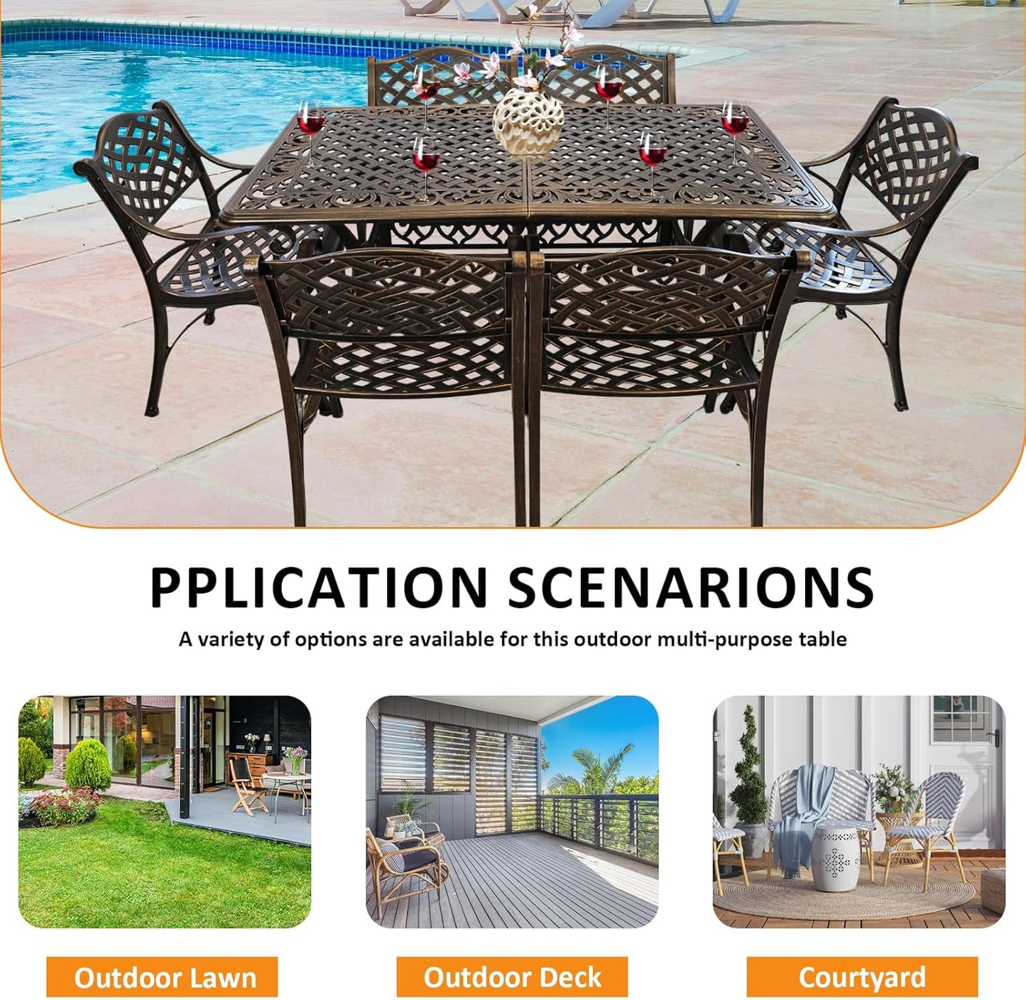 Outdoor Patio Dining Set Cast Aluminum 7 Piece Patio Bistro Dining Set,Metal Rectangular Patio Table and Chairs Set for 6 Person with Umbrella Hole,Patio Furniture Sets for Garden,Bronze