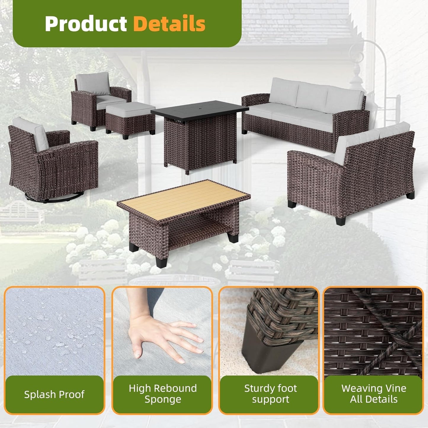 Outdoor Patio Sectional Sofa Set, 6-Piece Rattan Furniture, Patio Conversation Sets with Fire Pit, Seats 7, Light Grey