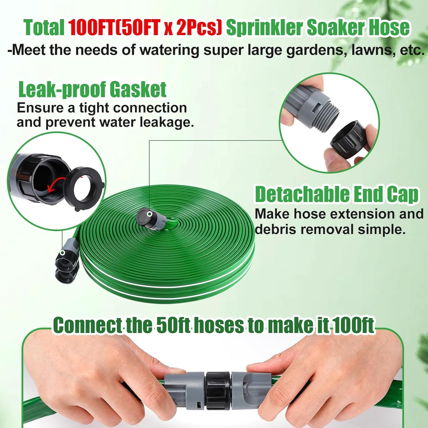 2 Pack 50ft Sprinkler Soaker Hose - Kink-free, Save Water, Flexible, Heavy Duty Three Tube Flat Watering Hose for Garden Yard Lawn Irrigation, With 30 Stakes