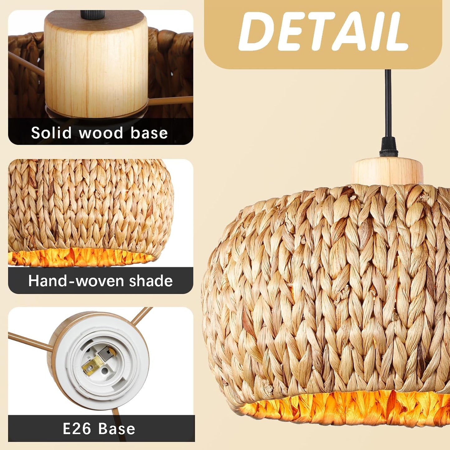 Boho Pendant Lights Kitchen Island, 11.8" Bohemian Rattan Hand-Woven Light Fixture Natural Seagrass Weaving Lighting Hanging Ceiling Chandelier for Restaurants Living Dining Room Farmhouse