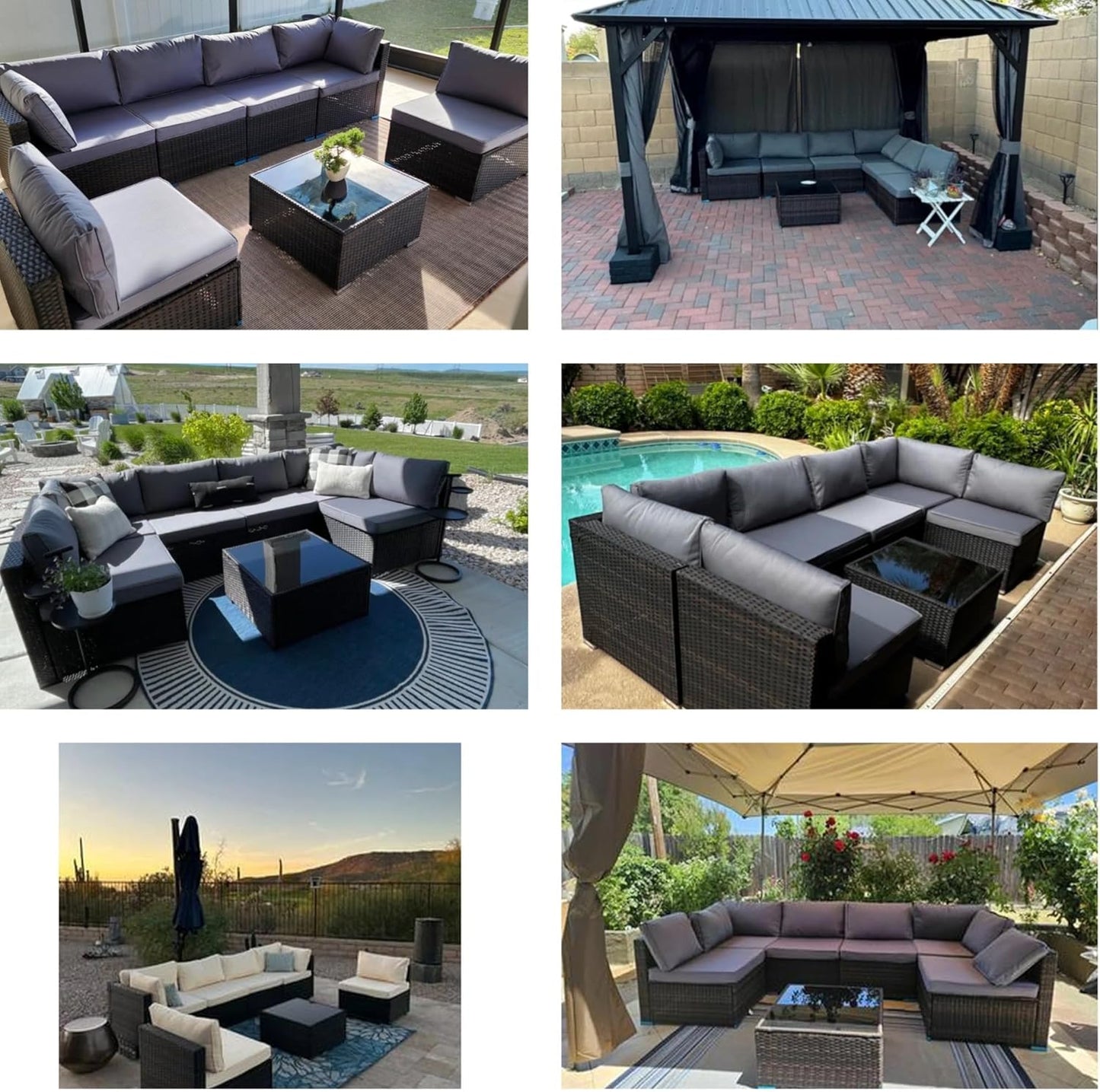 7 Pieces Outdoor Patio Furniture Set, PE Rattan Outdoor Wicker Sectional Furniture Sofa Set, with Cushions and Glass Coffee Table, for Balcony, Porch, Garden, Grey