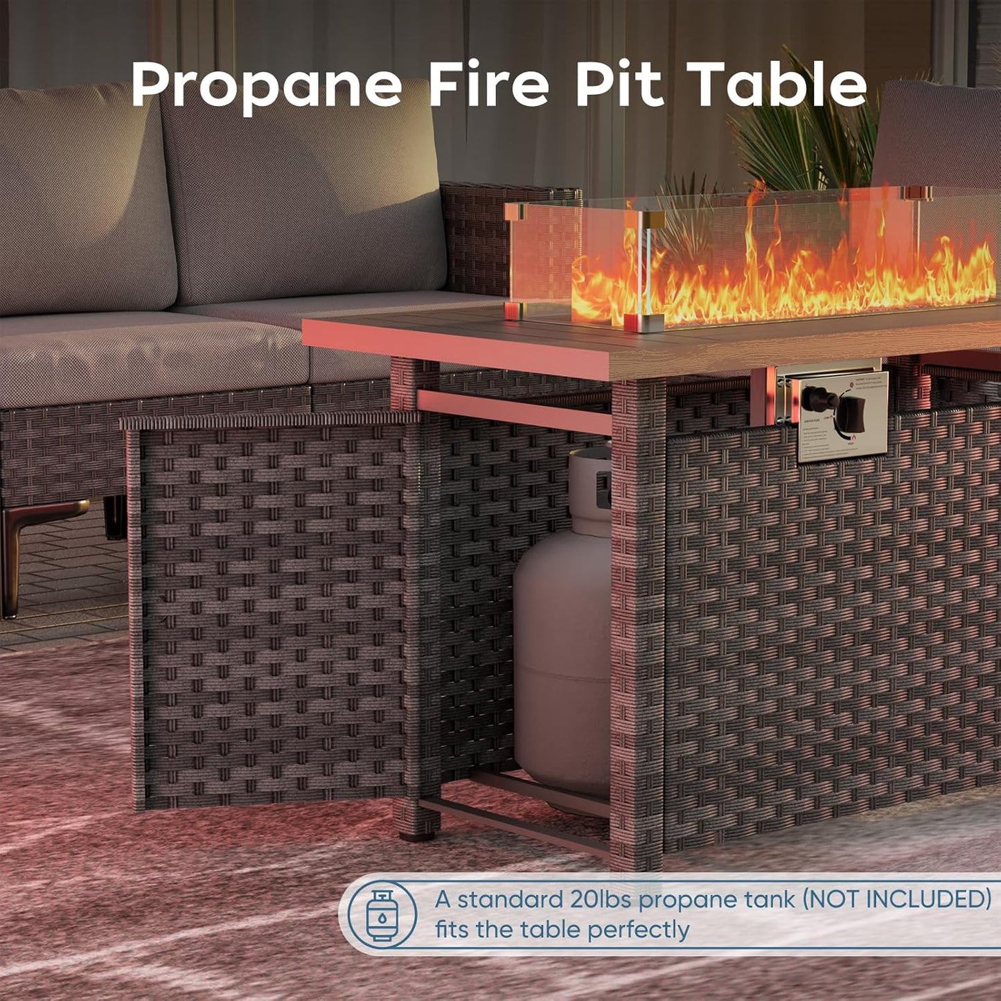 Propane Fire Pit Table Outdoor, 44" 60000BTU Auto-Ignition Fire Pits Table with Wind Guard Square Large Wicker Propane Firepits for Porch Garden(Grey,CSA Certified)
