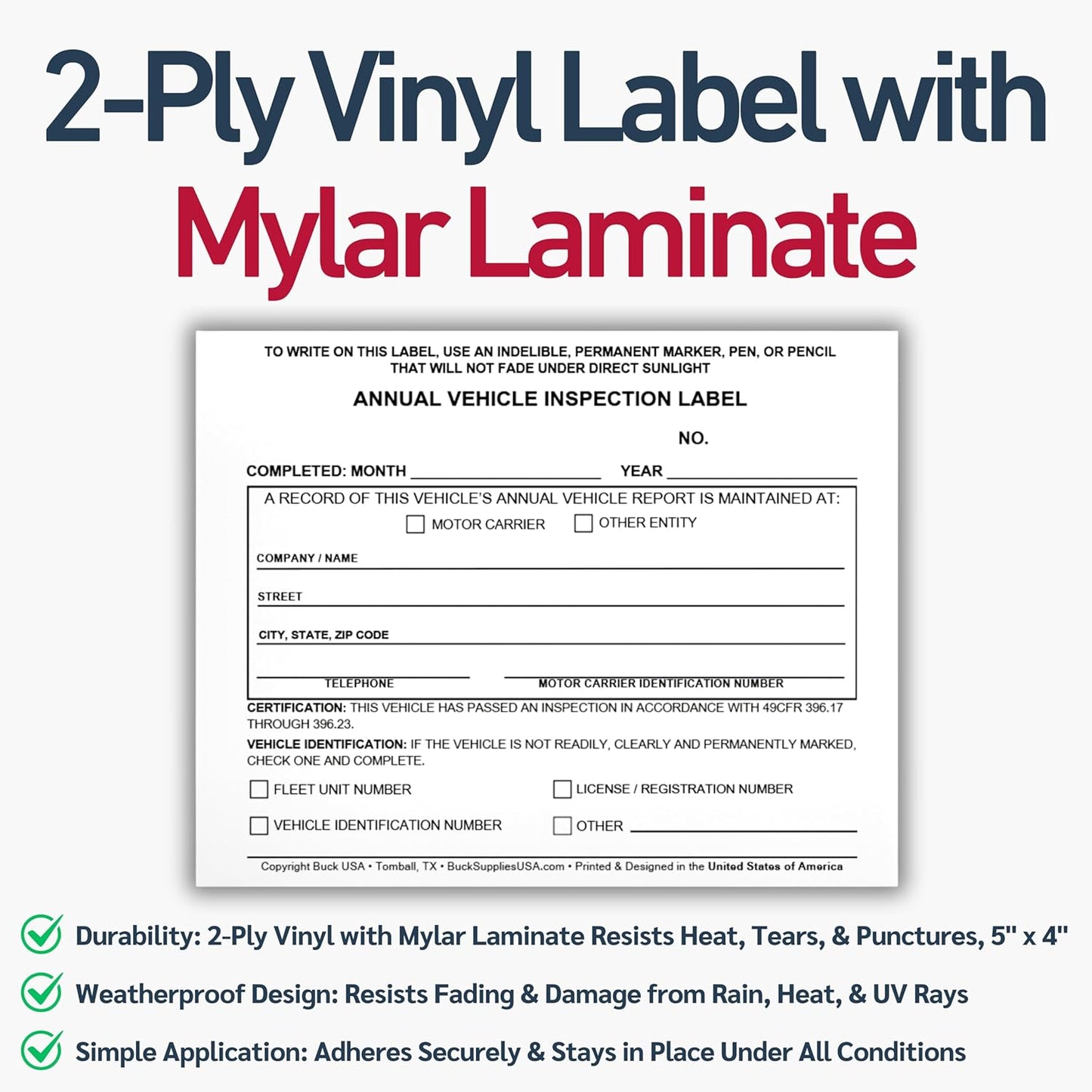 50 Pack 3-Ply Carbonless Annual Vehicle Inspection Report Forms with FMCSA Red Aluminum Labels & White Mylar Laminate Vinyl Labels, DOT Inspection Forms and Stickers, Shrink-Wrapped, 8.5" x 11.75"