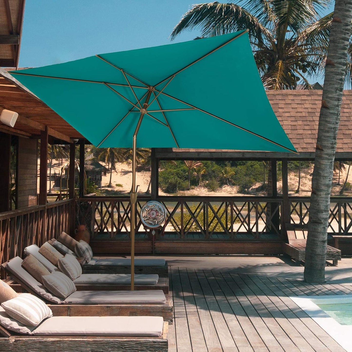 Ogrmar 6.5x10ft Patio Umbrella Rectangular Outdoor Table Umbrella with Crank & Push Button Tilt for Terrace, Backyard, Garden, Courtyard, Swimming Pool, Lawn (Turquoise)