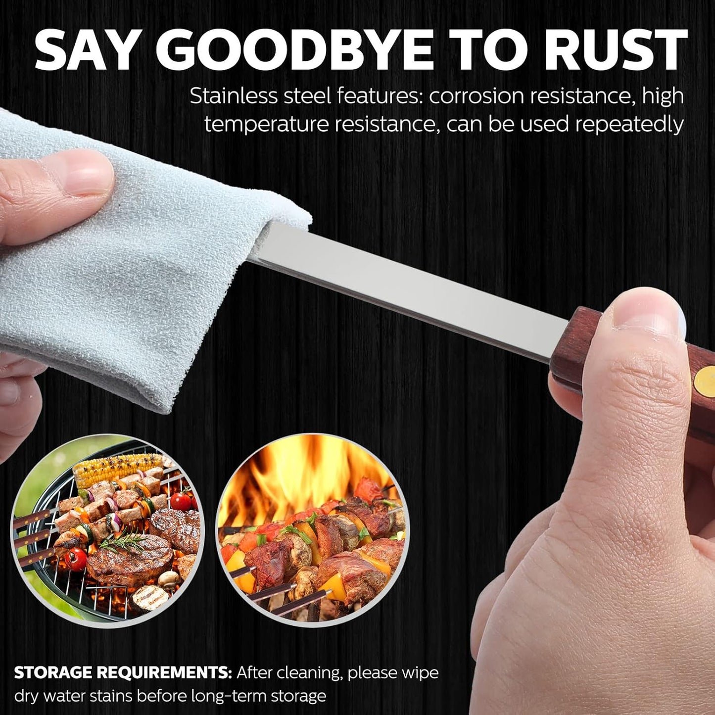 Cunhill 12 Pcs 17.7 Inch Kabob Skewers for Grilling 0.4 Inch Wide Flat Blade Thin Stainless Steel Kabob Sticks Long Barbecue Reusable Metal BBQ Skewers with Wood Handles for Tailgate Party Outdoor