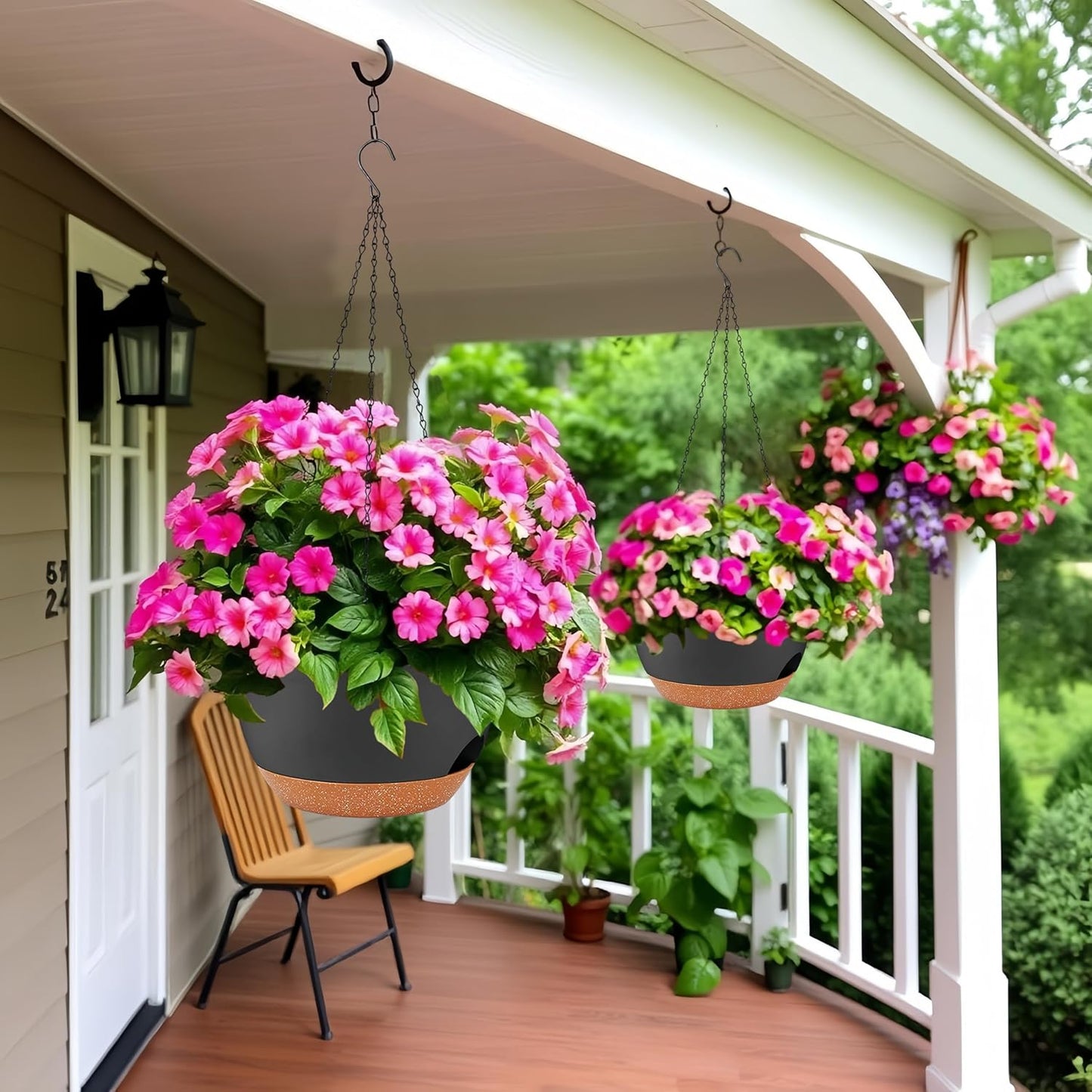 2 Pack 12 Inch Large Hanging Planters with Chains Self Watering Black Brown Plastic Hanging Pots for Indoor Outdoor Plants, Garden Porch Home Decor,Black Brown