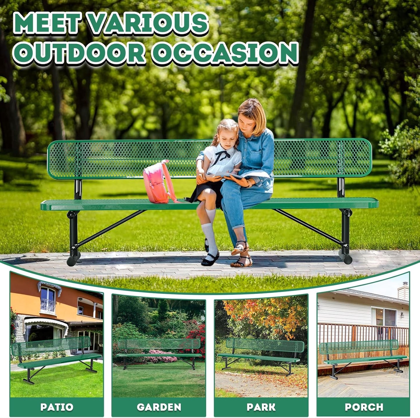 8Ft Outdoor Bench with Back Portable Frame, Outdoor Steel Park Bench with Backrest, Expanded Metal Mesh Bench for Outside, Lawn, Backyard, Park, Deck, Garden, Patio, Porch, Green