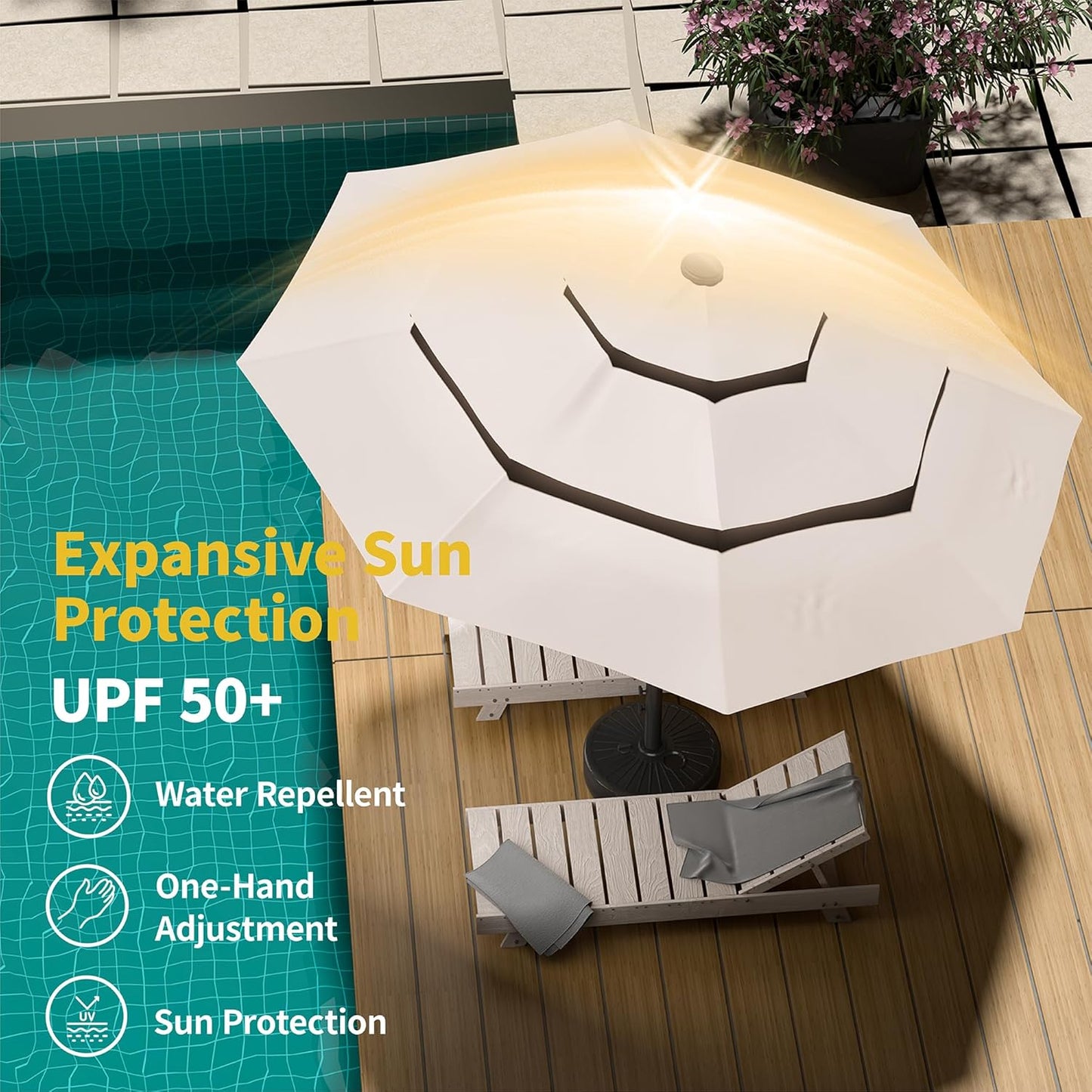 Kingdura 10ft 3-Tier Patio Umbrella, Outdoor Table Umbrella with Easy Crank & Tilt, 8 Reinforced Ribs, UV Protection for Deck, Pool, Market, Backyard (Beige)