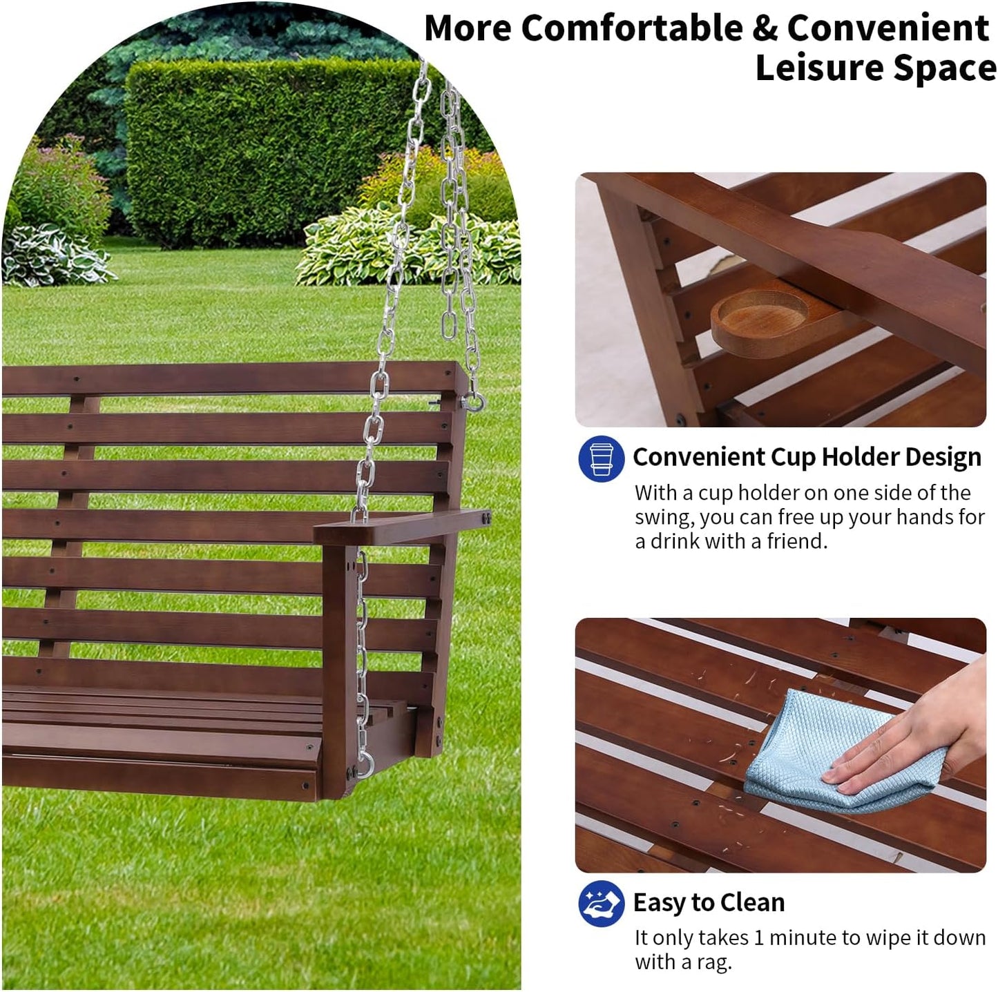Wooden Porch Swing with Cup Holder, Outdoor Patio Swing Bench for Courtyard & Garden, Upgraded 4 FT Heavy Duty 880 LBS Porch Swing, Outdoor Swing with Hanging Chains, Brown