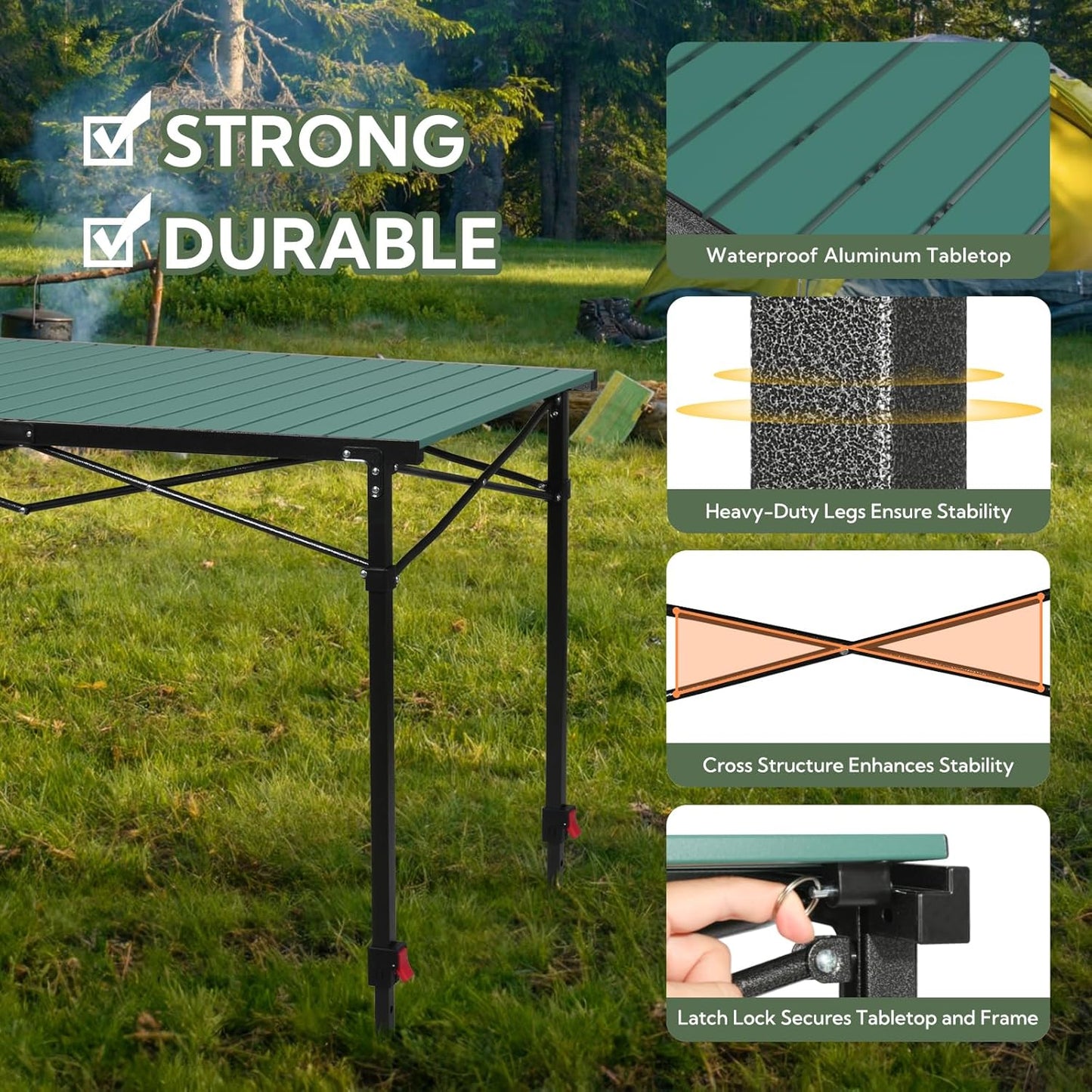 Portable Outdoor Adjustable Height Camping Table, Large for 2-6 Person, Foldable Roll-up Aluminum Camp Table with Carry Bag for Picnic, Camp, Sturdy, Stable, Loads 220 Lbs (Green)