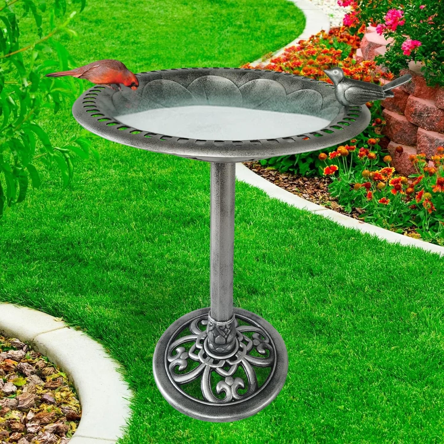 Outdoor Garden Bird Bath - Silver - Weather Resistant Polyresin - 30 Inch - Backyard Expressions