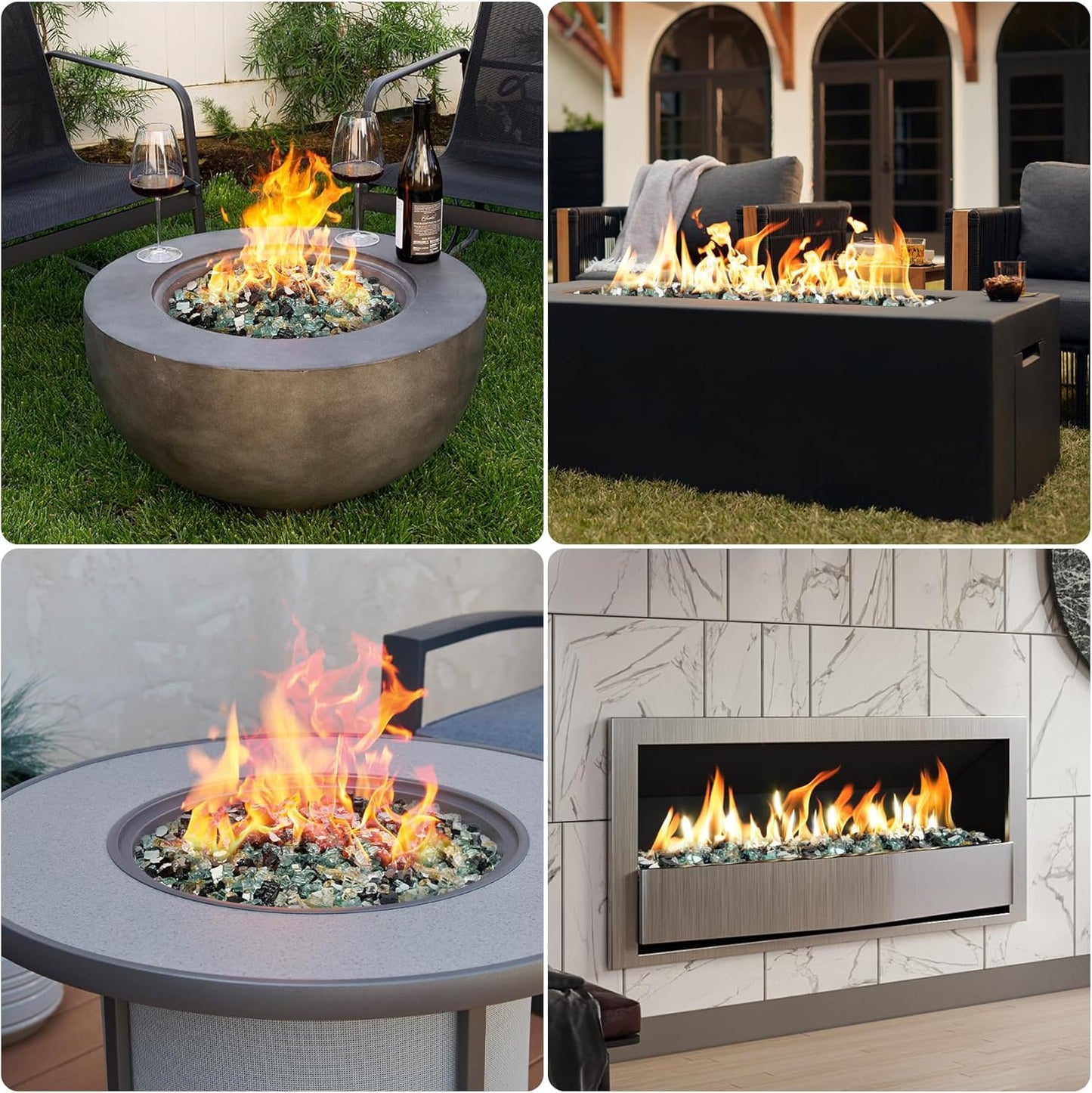 Mr. Fireglass 10 Pounds Blended Fire Glass - 1/4 Inch Mixed Colored High Luster Reflective Tempered Fireglass Rocks for Fireplace Fire Pit Table and Landscaping, Light Green+Onyx Black+Platinum