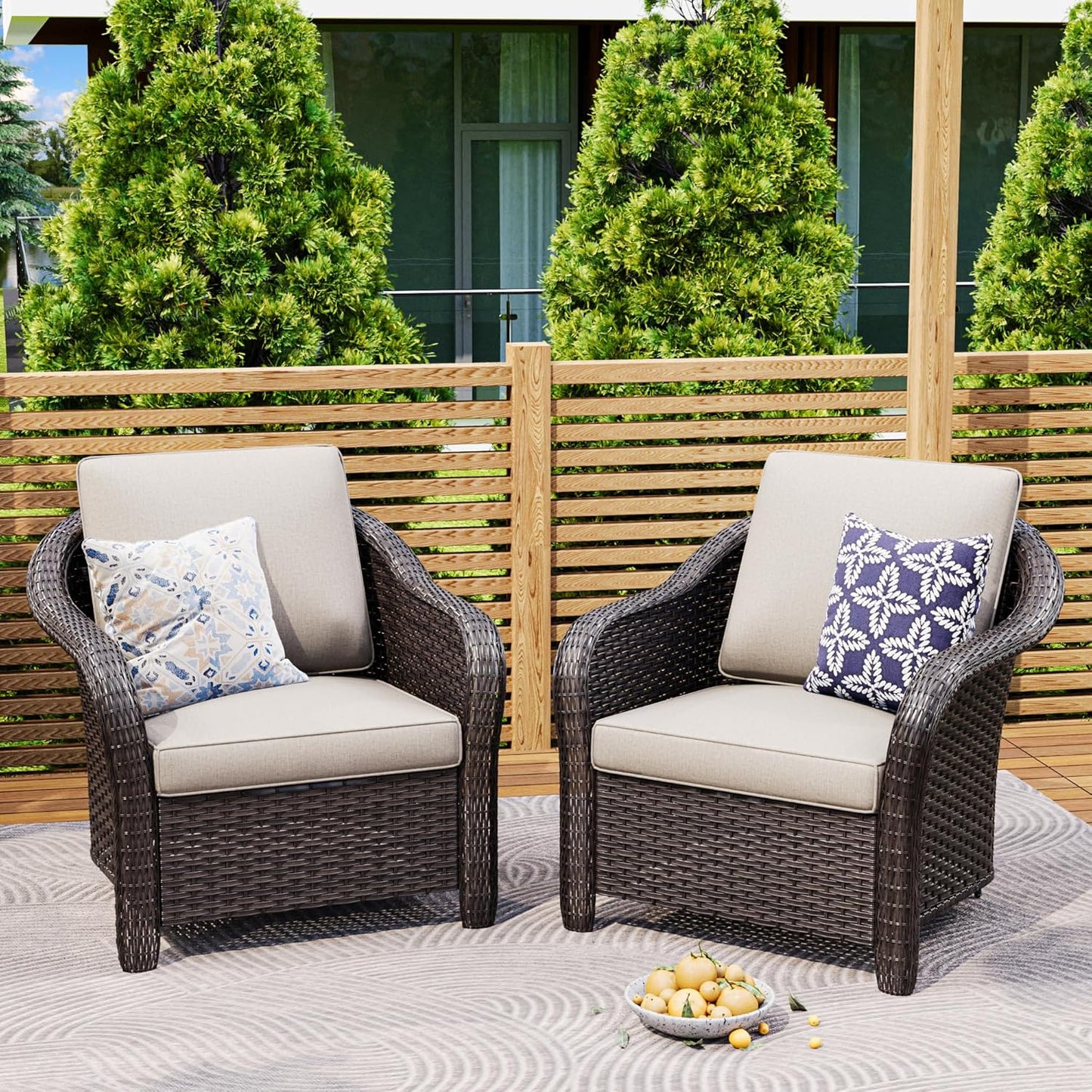 Patio PE Rattan Chairs Set of 2, All-Weather & Steel Frame Outdoor Conversation Furniture Set with Washable Cushions for Garden, Bistro, Deck, Yard (Beige)