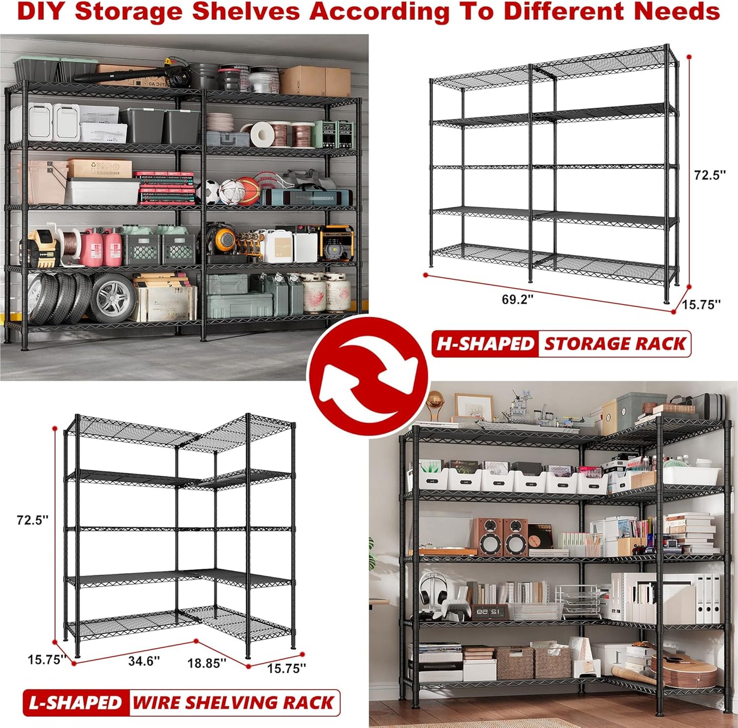 REIBII 70" W Storage Shelves Heavy Duty Load 1600LBS, Metal Shelving 5-Tier Wire Shelving Unit Metal Shelves for Storage Adjustable Shelving Rack for Pantry Kitchen 70" W*15.8" D*72.4" H, 2 Pack