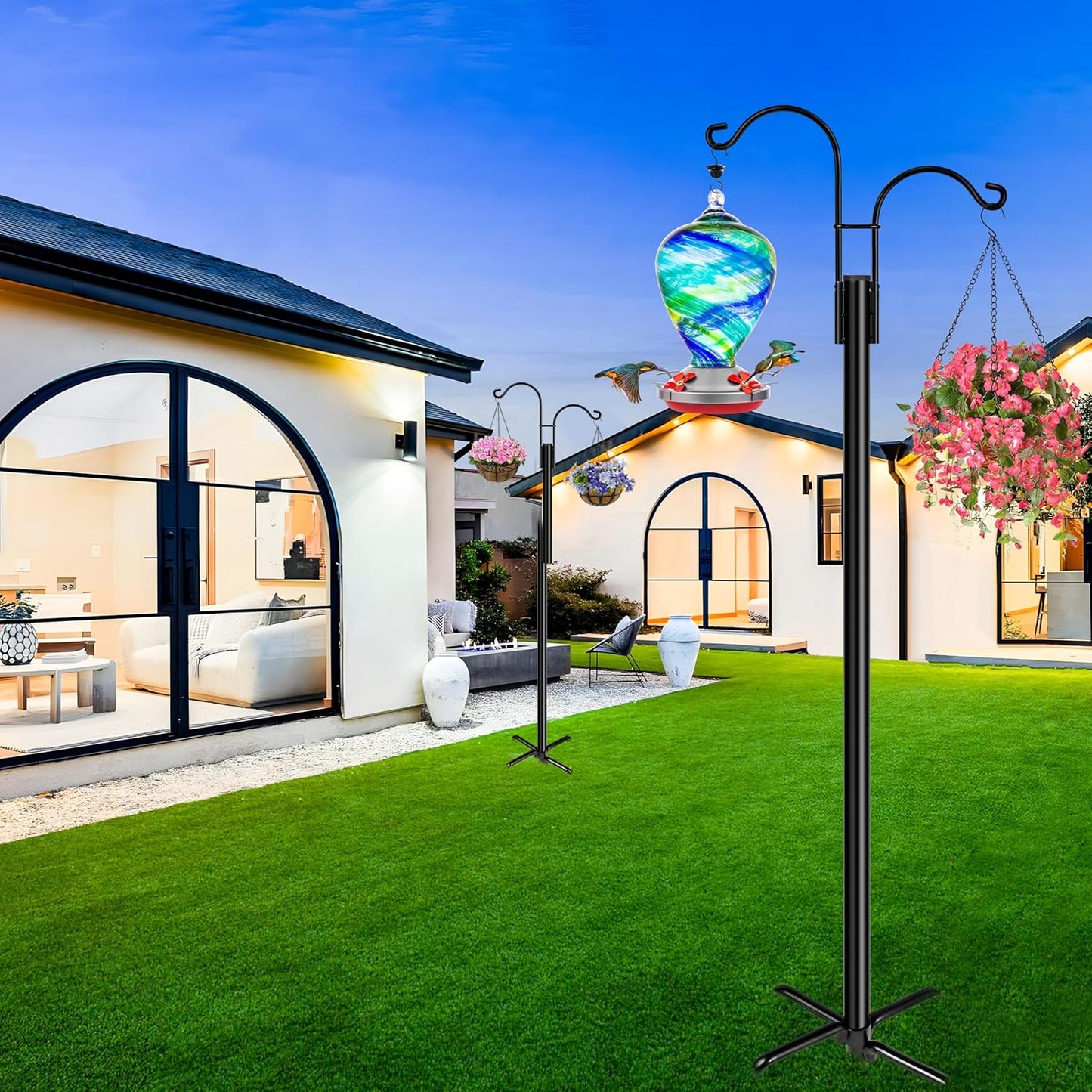 XDW-GIFTS Double Shepherds Hooks for Outdoor, 2-Pack Heavy Duty Garden Pole for Hanging Bird Feeder, Plant Baskets, Solar Light Lanterns, Garden Plant Hanger Stands with 5 Base Prongs