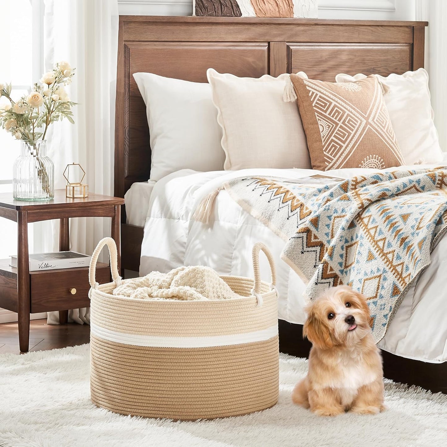 KAKAMAY Large Blanket Basket (20"x13"),Woven Baskets for storage Baby Laundry Hamper, Cotton Rope Blanket Basket for Living Room, Laundry, Nursery, Pillows, Baby Toy chest (White and Brown)