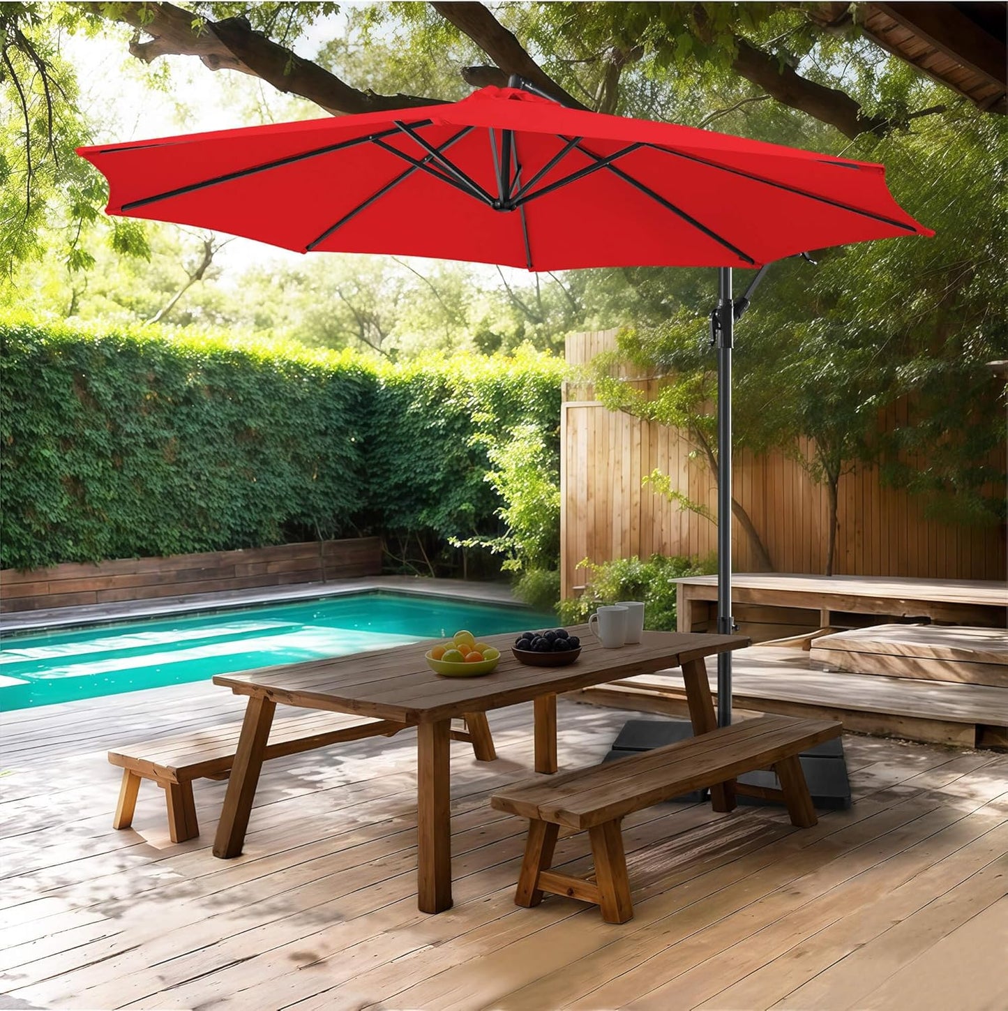 FLAME&SHADE 10ft Cantilever Patio Umbrella Outdoor, Large Offset Umbrella with Crank and Cross Base, UPF 50+ UV Protection Hanging Umbrella for Pool Deck Garden, Red
