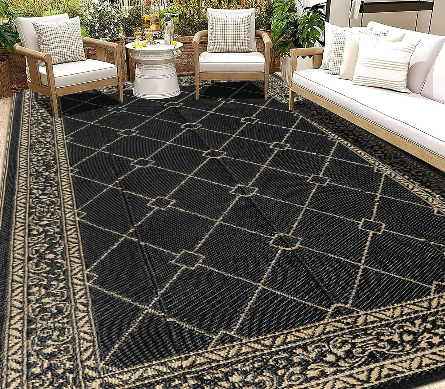 HEBE Outdoor Rug Waterproof 9x12, Reversible Plastic Straw Rug RV Camping Rug, Indoor Outdoor Patio Mat Clearance, Outside Carpet for Porch,Deck,Camper,Balcony,Backyard,Picnic