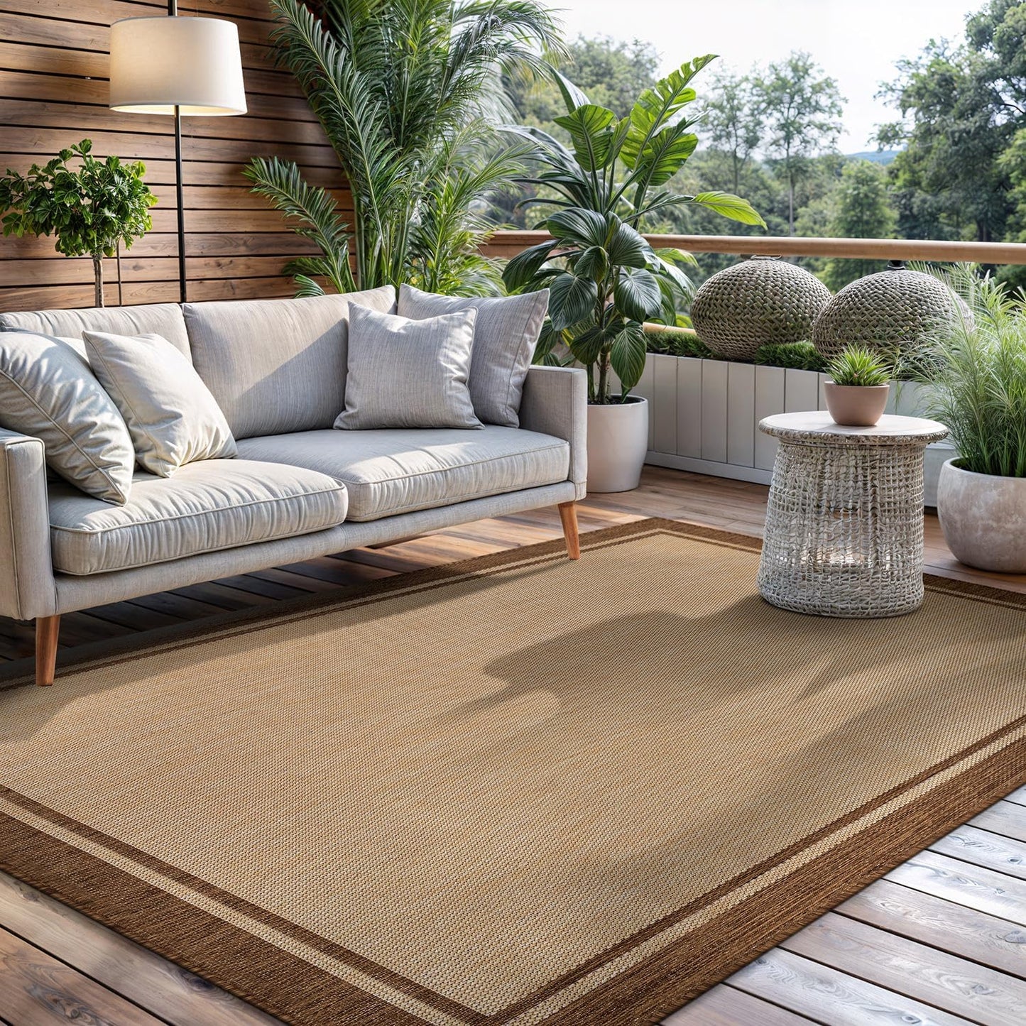 CAMILSON Outdoor Rug 6x9 Bordered Natural Brown Modern Area Rugs for Indoor and Outdoor Patios, Kitchen and Hallway Mats, Washable Porch Deck Outside Carpet (Border Jute, 6 x 9)