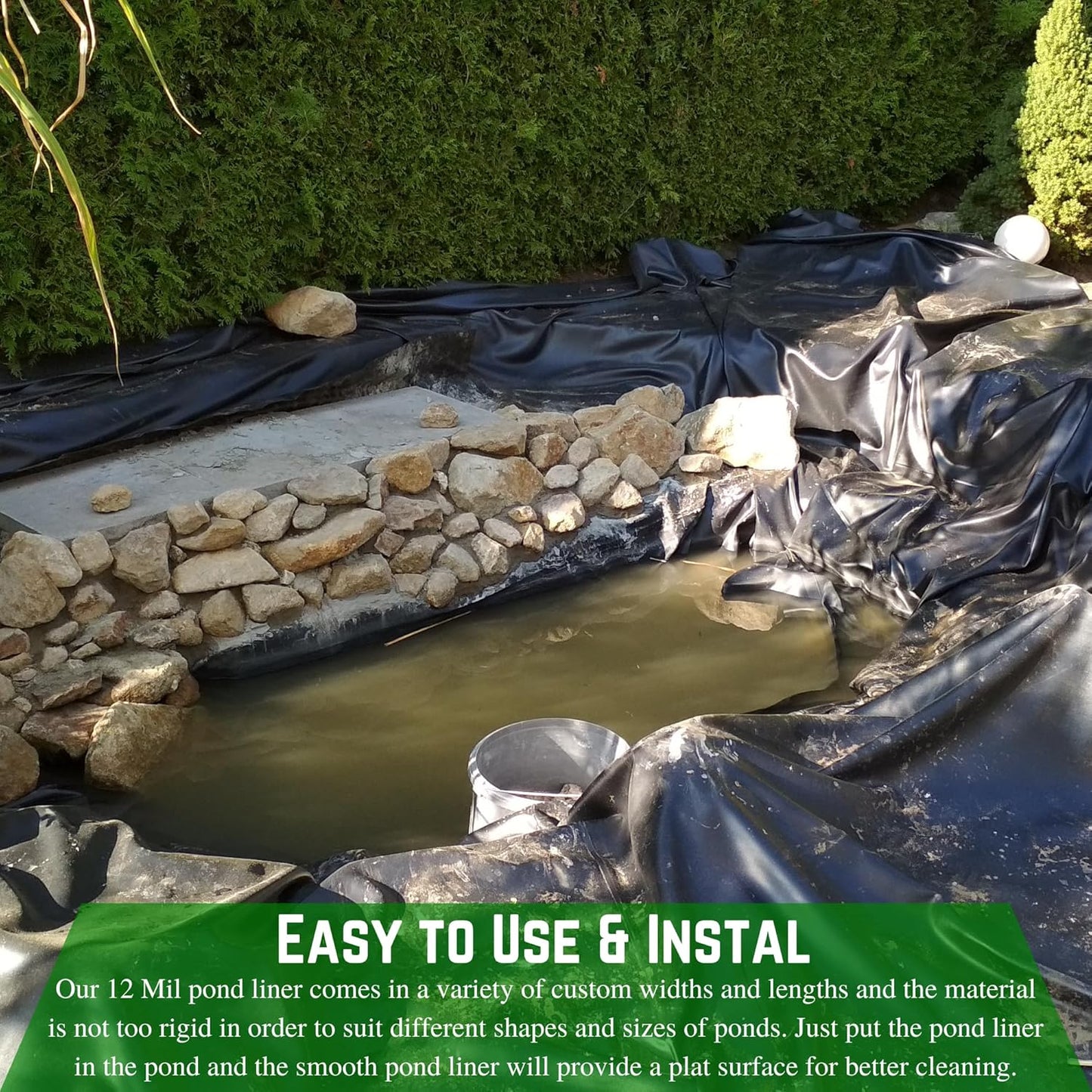 Farm Plastic Supply - 12 Mil String Reinforced Black/White Pond Liner - 12 Mil Fish Pond HDPE Liner, Pond Liners for Outdoor Ponds, Koi Ponds, Garden Fountain, Containment Liner (12' x 50')