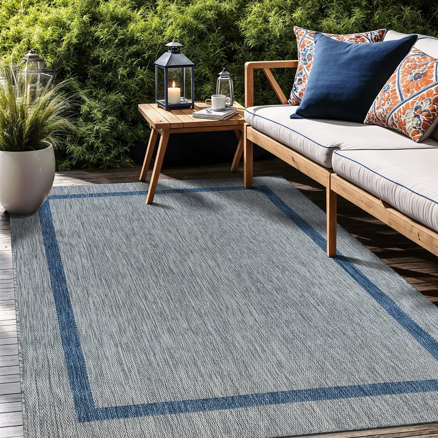 Bordered Outdoor Rug 6x9 Washable Outside Carpet for Indoor Patio Porch Waterproof Easy Cleaning Non Shedding Area Rugs Silver Gray - Blue 6 x 9