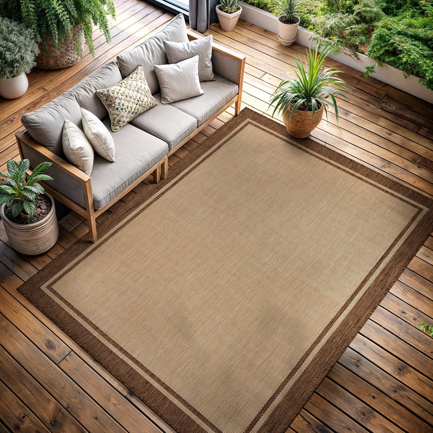CAMILSON Outdoor Rug 9x12 Bordered Natural Brown Modern Area Rugs for Indoor and Outdoor Patios, Kitchen and Hallway Mats, Washable Porch Deck Outside Carpet (Border Jute, 9 x 12)