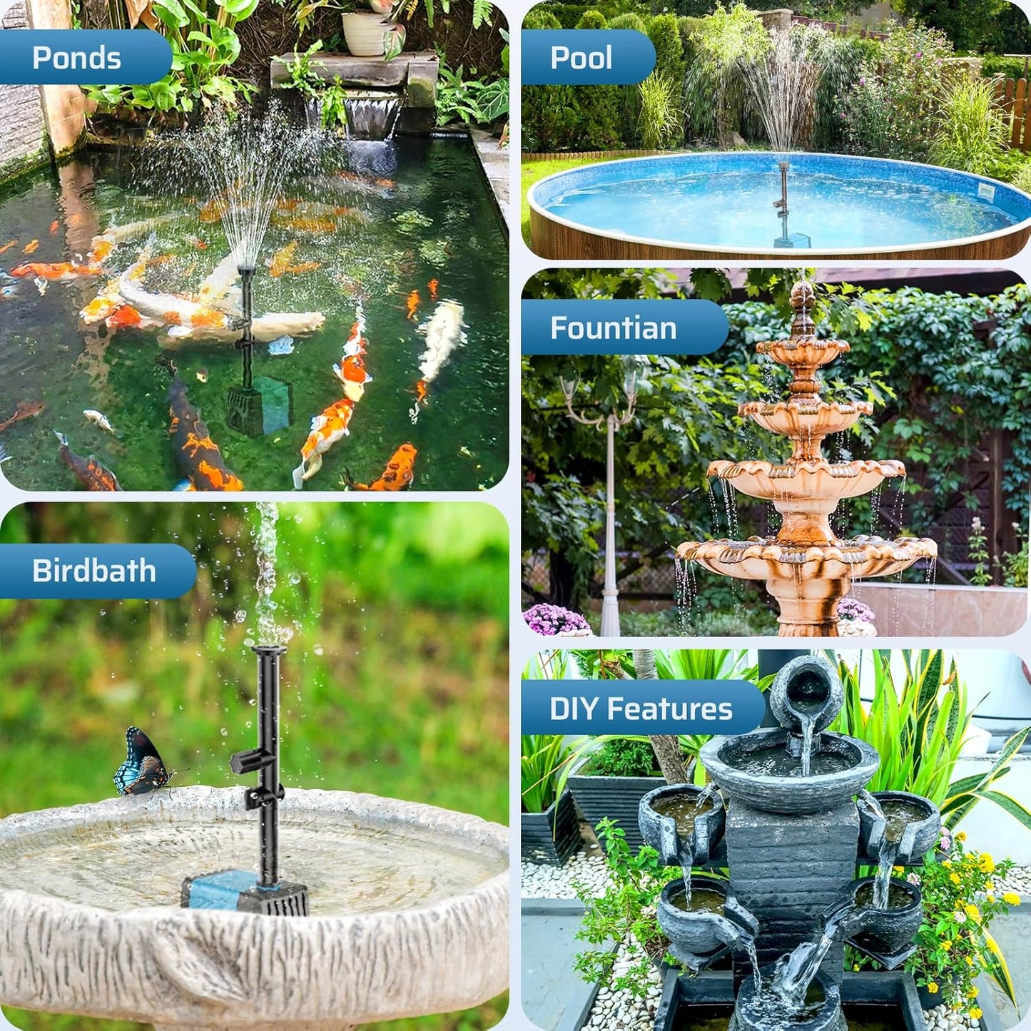 POPOSOAP 10W Solar Water Fountain Pump, Solar Powered Water Pump with 120GPH Fountain Pump, 4 Sprayers, 16.4ft Cable, 6.6ft Tubing for Outdoor Pond,Bird Bath,Fish Tank and Garden Water Features