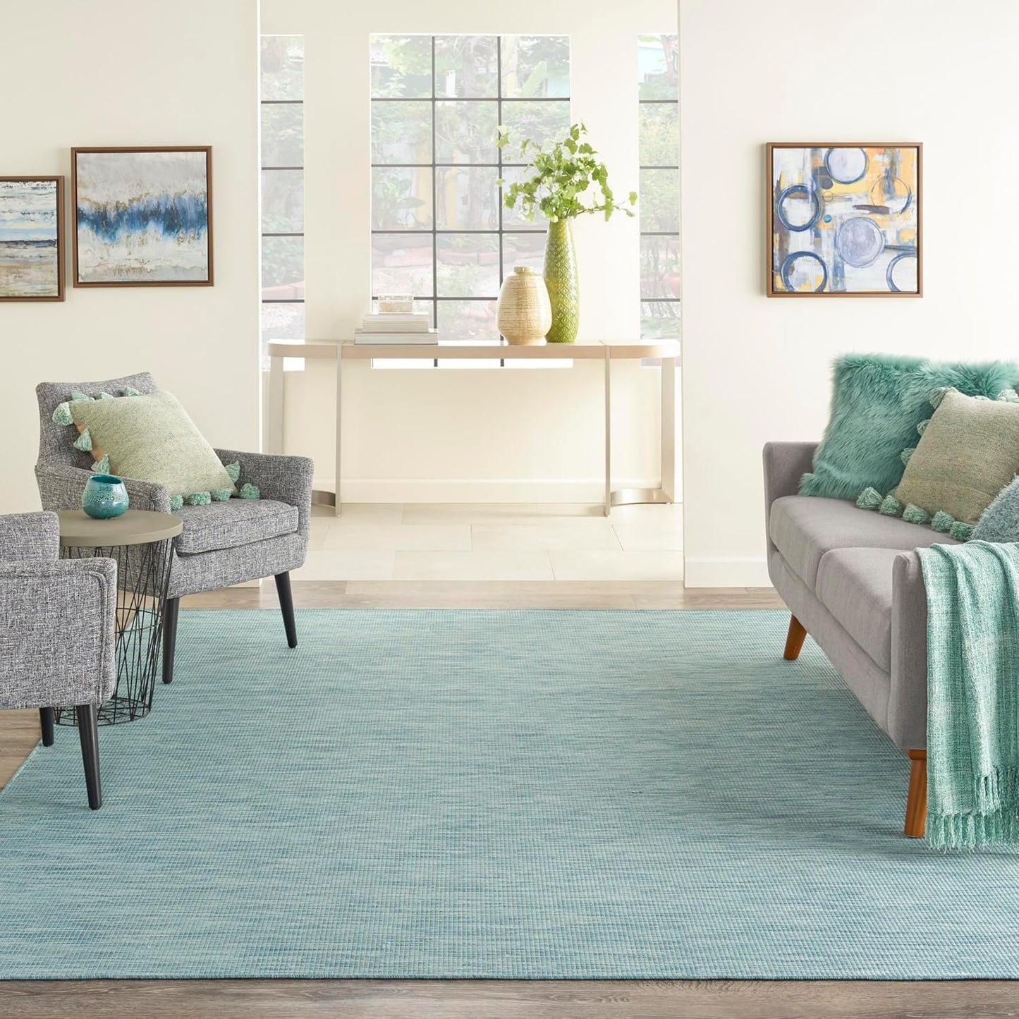 Nourison Positano Indoor/Outdoor Aqua 10' x 14' Area Rug, Easy Cleaning, Non Shedding, Bed Room, Living Room, Dining Room, Backyard, Deck, Patio (10x14)