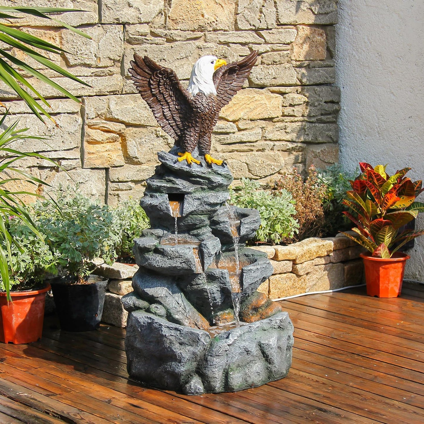YZM Bald Eagle Statue Outdoor Fountain Tiered Cascading Rock Water Feature for Garden Patio Backyard Porch Deck 38.58" Tall Outdoor Waterfall Sculpture Elegant Garden Decor