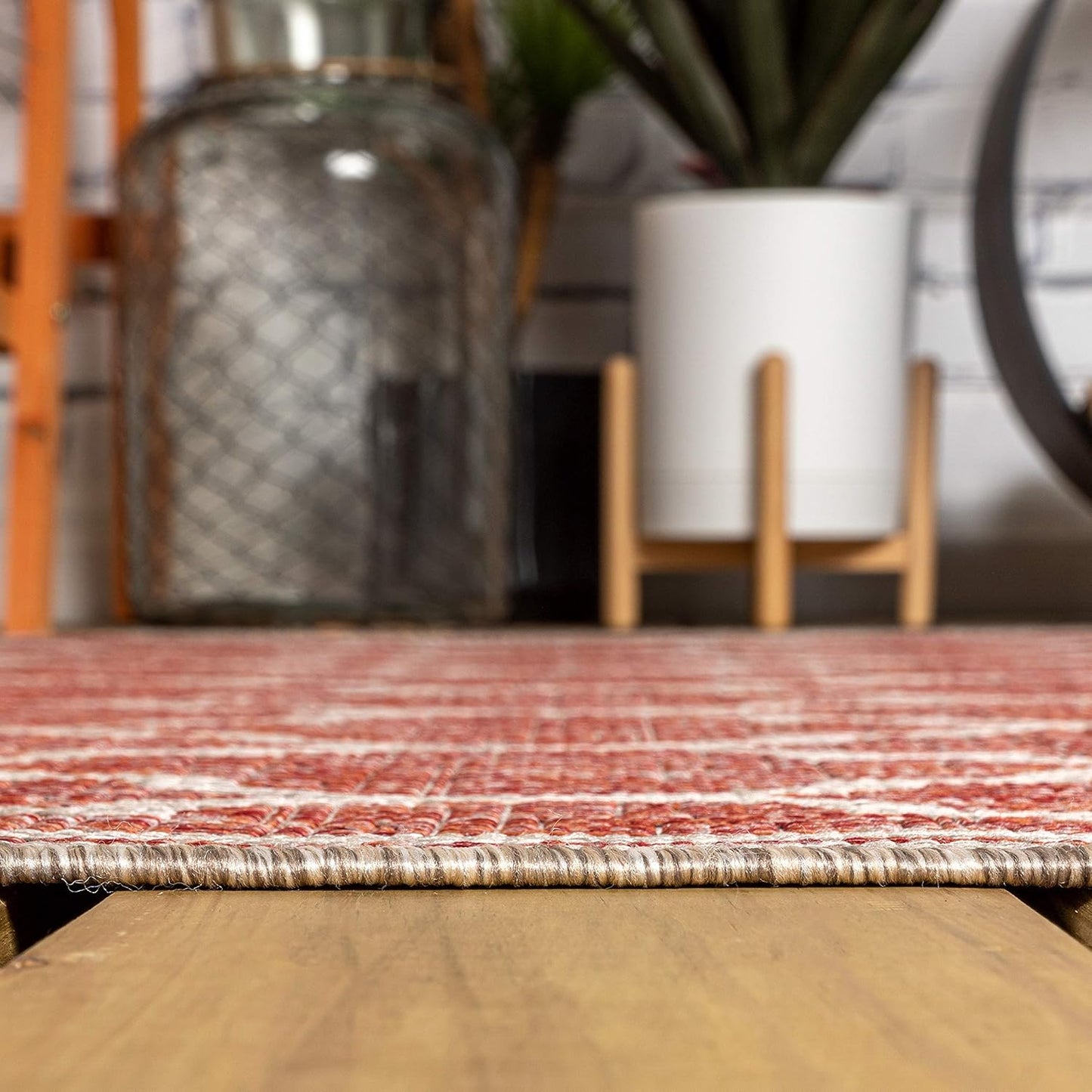Eyely BMS109C-6R Santa Monica Trebol Moroccan Trellis Textured Weave, Pet Friendly, Non-Shedding, Stain Resistant, Easy-Cleaning, Red/Beige, 6' Round, Indoor/Outdoor, Area Rug