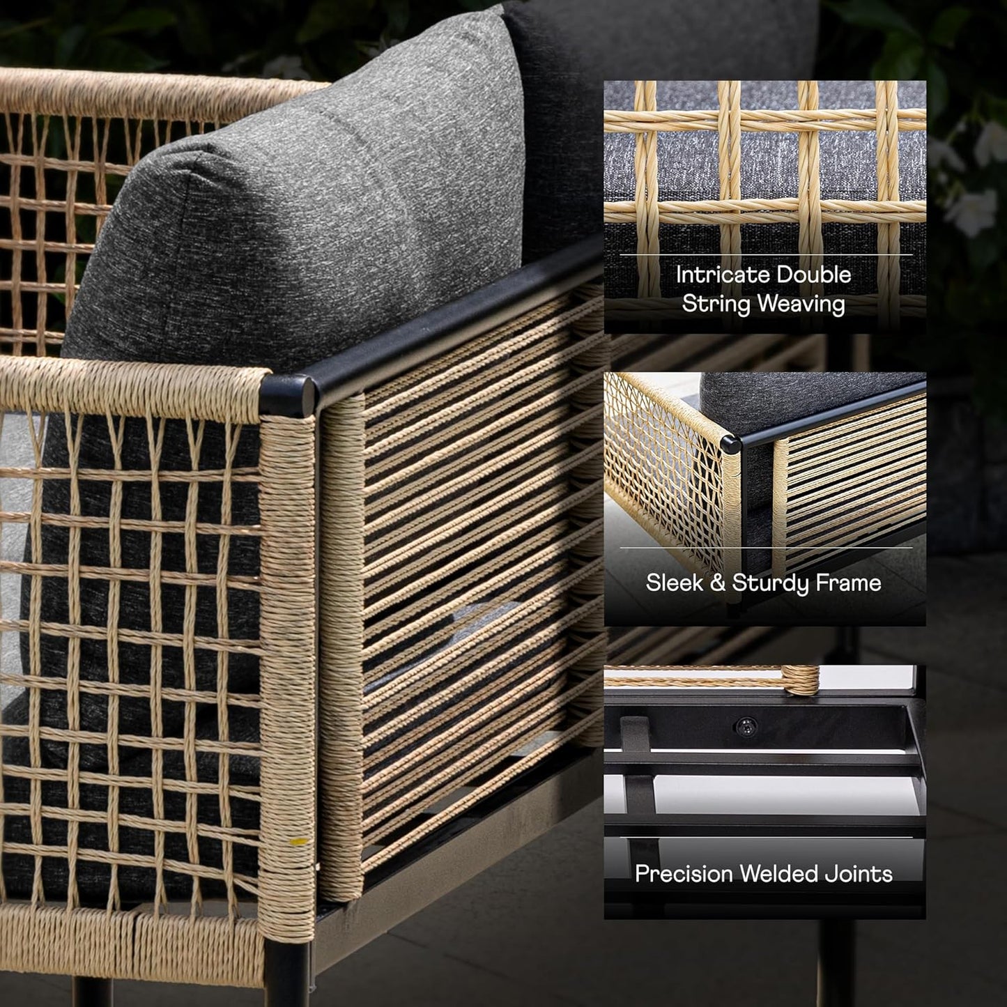 Idzo Oscar Wicker Metal Loveseat with Coffee Table – Black, 2-Seater Outdoor Sofa Set for Small Patios, Balcony or Garden, Heavy-Duty Love Seat Couches for Relaxing and Entertaining