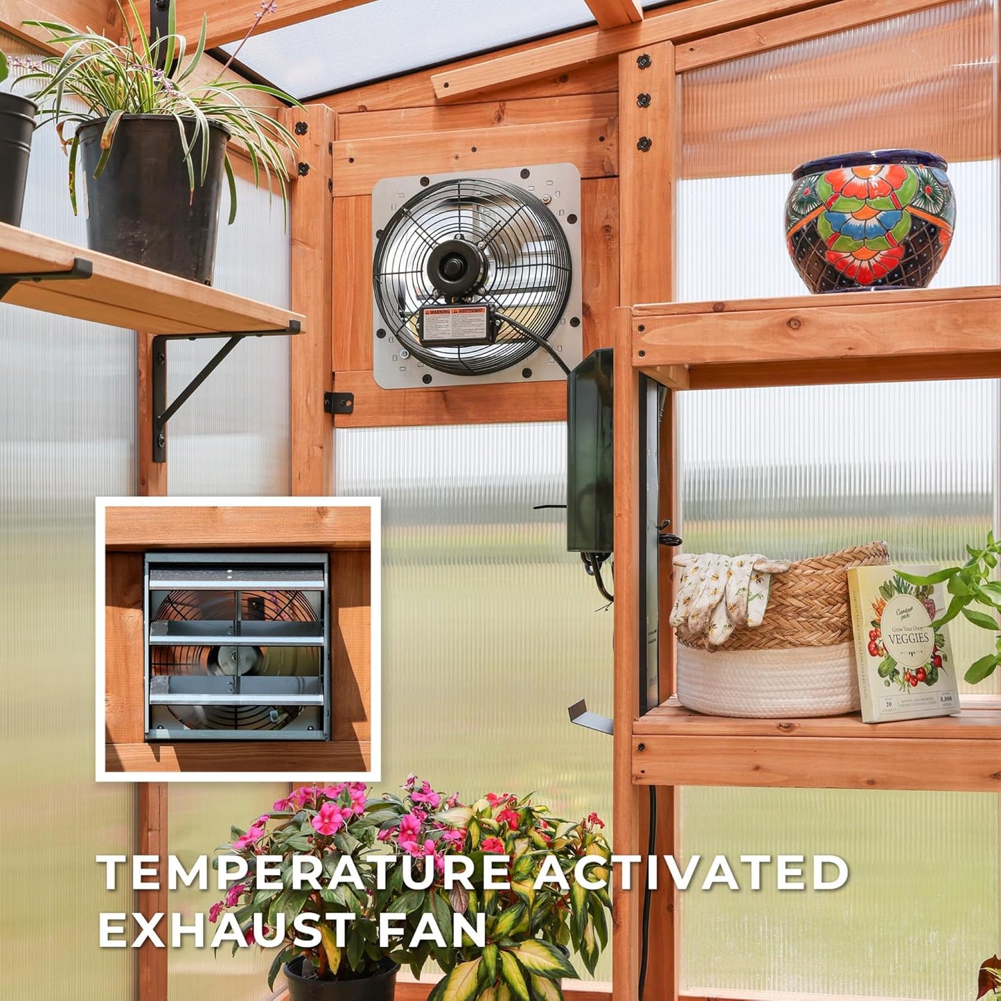 Backyard Discovery Poppy 11' x 7' Cedar Wood and Polycarbonate Walk-In Greenhouse Kit with Exhaust Fan, Windows, Hose Hook-Ups, PowerPort, Staging Shelves, Plant Hooks for Year-Round Outdoor Gardening