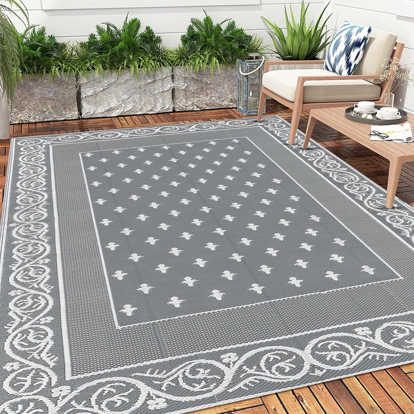 Pauwer Waterproof Outdoor Rug 8x10, Reversible Plastic Straw Patio Camping Rug, Indoor Outdoor RV Mat Carpet for Deck, Camper, Porch, Balcony, Backyard, Picnic, Bordered Grey