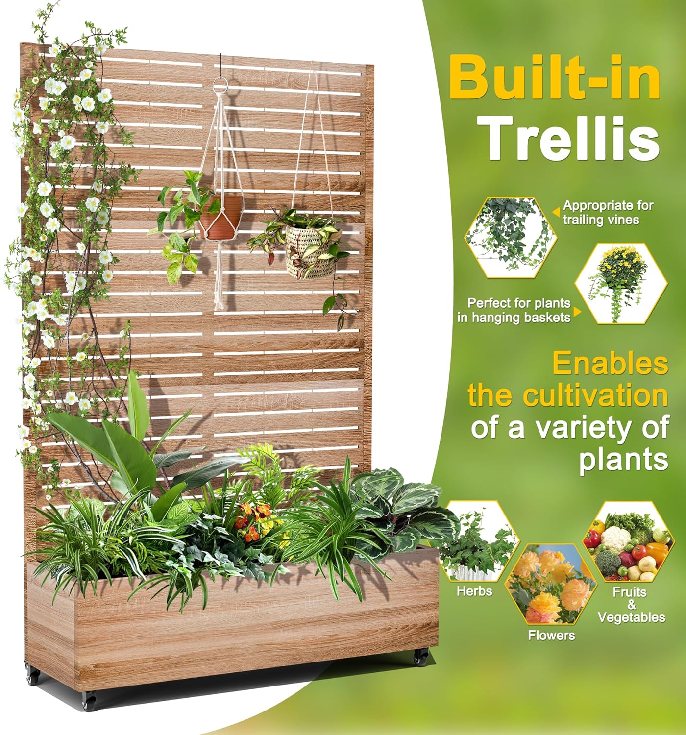 FENCY Metal Raised Garden Bed with Wheels and Trellis,73"x47"x16" Planter Box for Climbing Plants, Vegetables & Vines, Features Privacy Screen and Drainage Holes (Natural Wood Color)