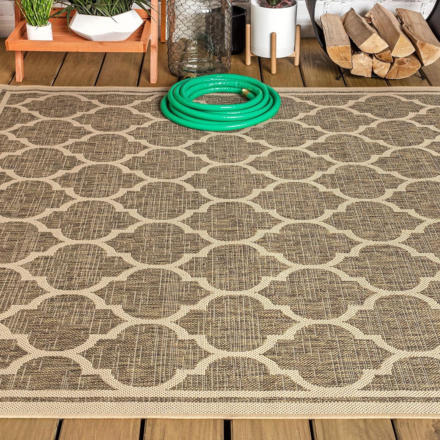 Eyely BMS109A-9 Santa Monica Trebol Moroccan Trellis Textured Weave Indoor/Outdoor Area Rug Coastal;Bohemian, Bedroom, Backyard, Patio, Easy-Cleaning, Non-Shedding, 9 X 12, Brown/Beige