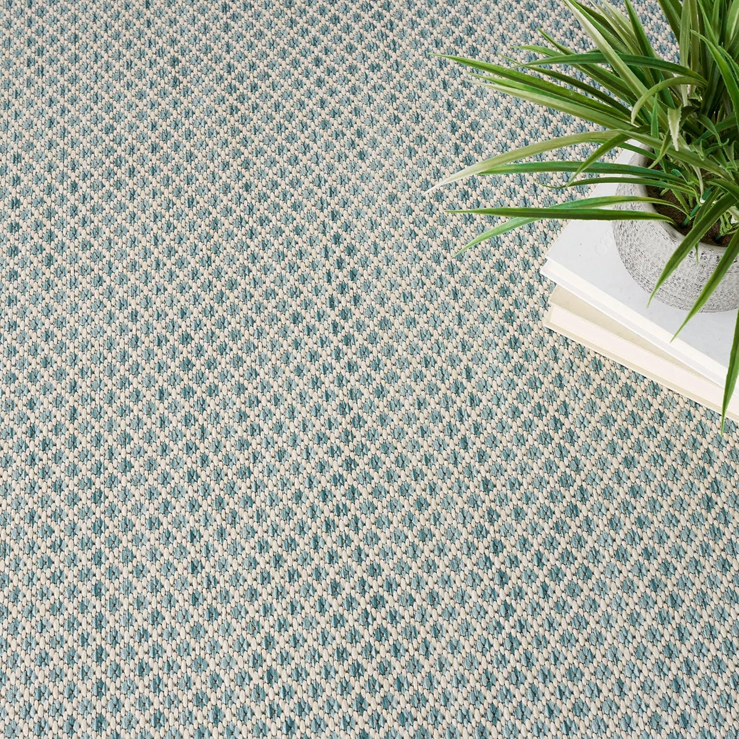 Nourison Home Courtyard Indoor/Outdoor Ivory/Aqua 4' x Round Area Rug, Easy Cleaning, Non Shedding, Bed Room, Living Room, Dining Room, Backyard, Deck, Patio (4 Round)