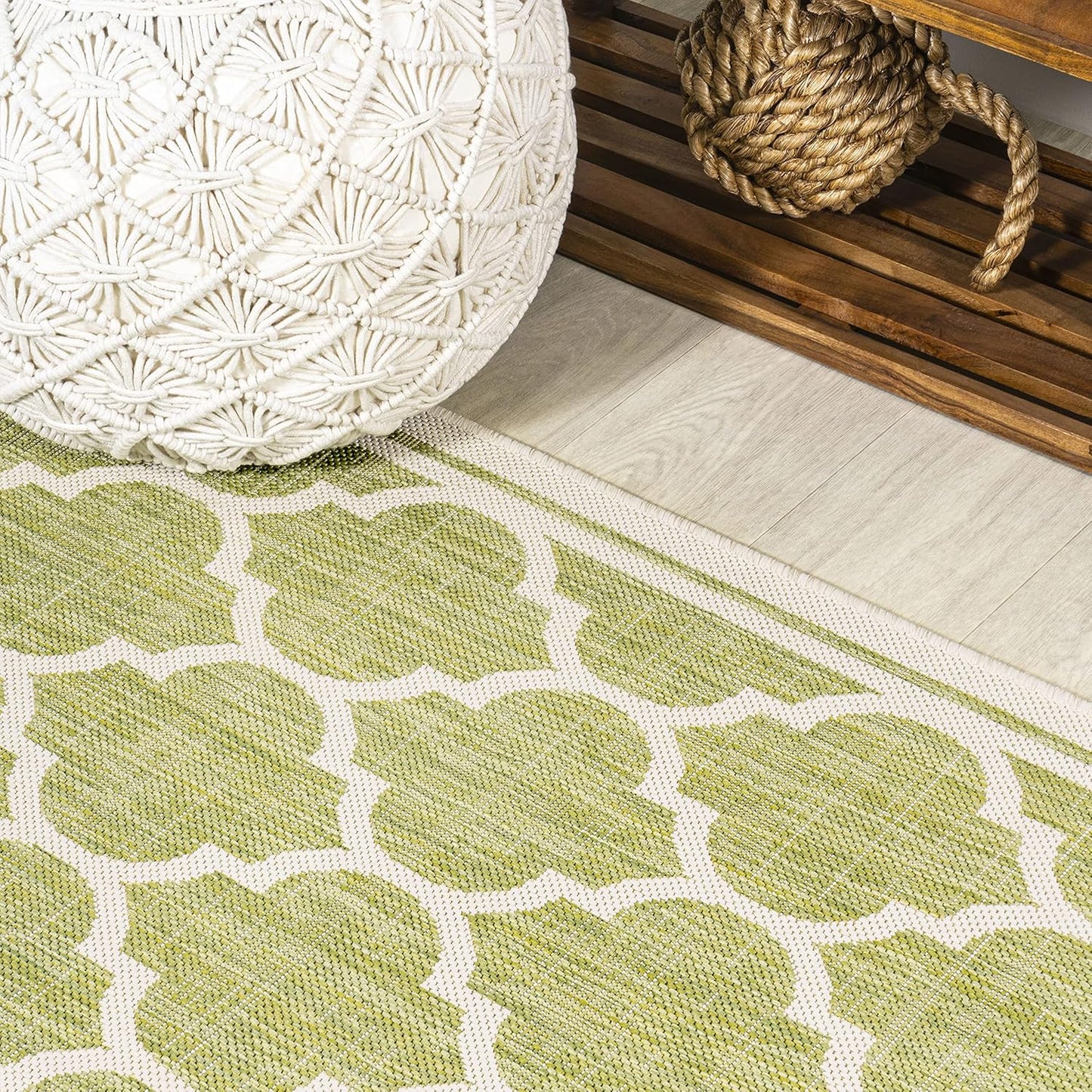 Eyely BMS109G-210 Santa Monica Trebol Moroccan Trellis Textured Weave Indoor/Outdoor Runner Rug Coastal;Bohemian, Bedroom, Backyard, Patio, Easy-Cleaning, Non-Shedding, 2 X 10, Green/Cream