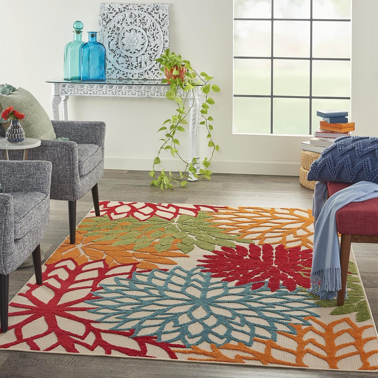 Nourison Aloha Indoor/Outdoor Green 5'3" x 7'5" Area Rug, Tropical, Botanical, Easy Clean, Non Shedding, Bed Room, Living Room, Dining Room, Deck, Backyard, Patio (5x7)