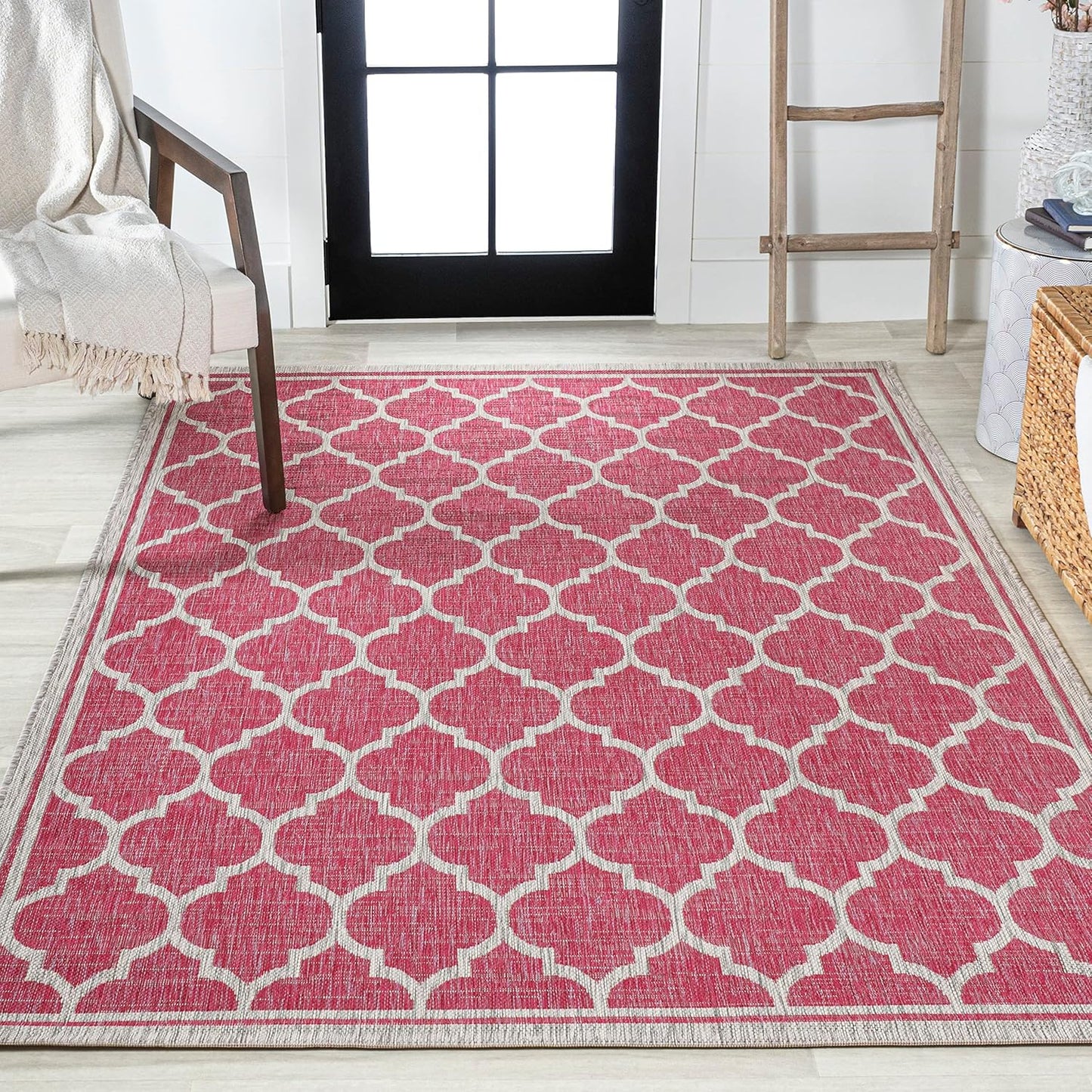 Eyely BMS109H-4 Santa Monica Trebol Moroccan Trellis Textured Weave Indoor/Outdoor Area Rug Coastal;Bohemian, Bedroom, Backyard, Patio, Easy-Cleaning, Non-Shedding, 4 X 6, Fuchsia/Light Gray