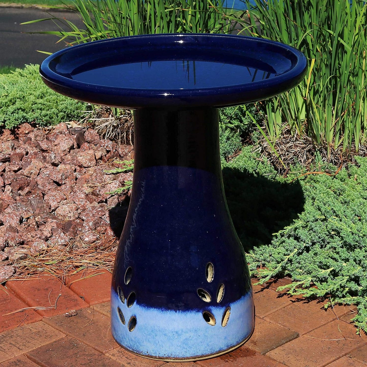 Sunnydaze 21" H Ceramic Bird Bath for Outside - Hand-Painted Outdoor Bird Bath Bowl, UV/Frost-Resistant Finish - Dark Blue - Cut Out Pedestal