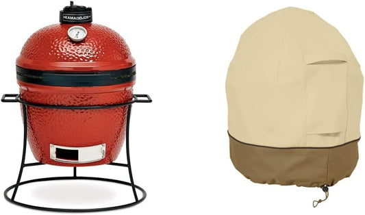 Kamado Joe KJ13RH Joe Jr. 13.5 inch Portable Charcoal Grill with Cast Iron Cart and Heat Deflectors, Blaze Red & Classic Accessories Veranda Water-Resistant 21 Inch Kamado Mini Ceramic BBQ Grill Cover