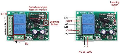 QIACHIP 110V 120V 220V Wireless RF Remote Control Relay Switch Universal 2-Channel 433MHz Receiver with 4 pcs Transmitters for Garage Door Openers, Cars, LED Lights & More (KR2202)