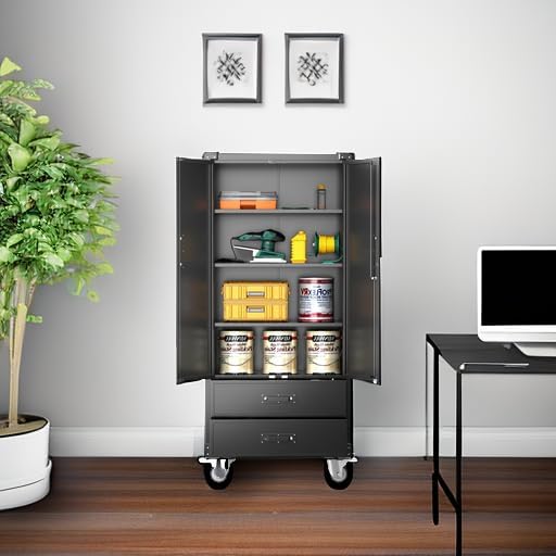 Aobabo Garage Metal Storage Cabinet with Wheels, Lockable Steel Storage Cabinet with 2 Large Drawer and 3 Adjustable Shelves, for Home, Office, Classroom, Black, Assembly Required