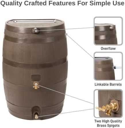 50-Gallon Dual Spigot Rain Barrel, Flat Back Rain Water Collection Barrel, Stand Included, Walnut Color